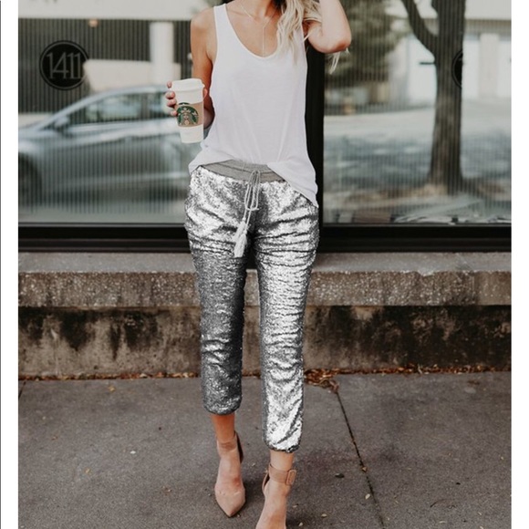 SALE. SILVER SEQUIN ANKLE JOGGERS 1 left - Picture 6 of 8